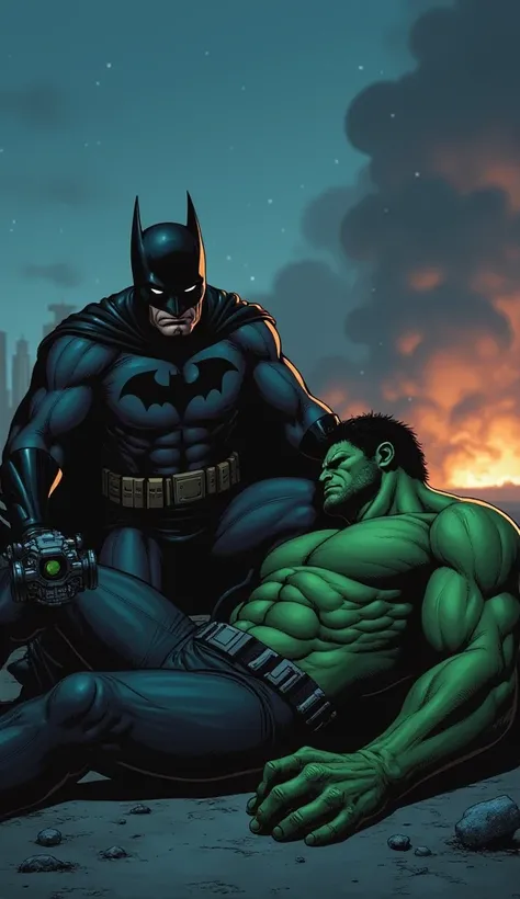 The Hulk lying unconscious on the ground, his body partially transforming back into Bruce Banner. Batman kneels beside him, holding a high-tech device, his expression a mix of relief and determination. The aftermath of destruction is visible in the backgro...