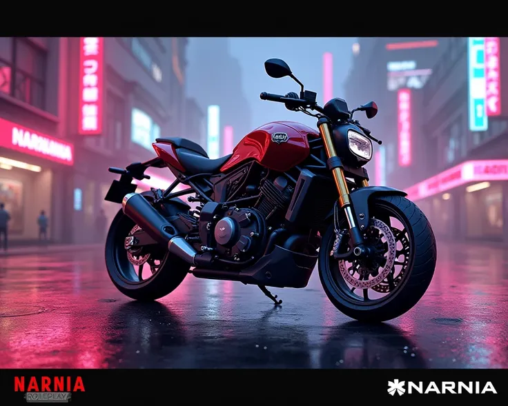  Create an image of an advertisement that when boosted on the Discord server you get a motorcycle in GTA RP,  FiveM server called  "Narnia Roleplay" The bike is a Chinube 