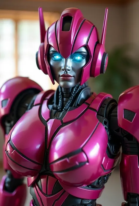  Arcee the autobot from transformers in the family room. Looking at and standing up super close to the camera like a selfie 
Arcee robot face
Dark pink metallic autobot 
Small smile
Massive  robot breasts
Beautiful eyes