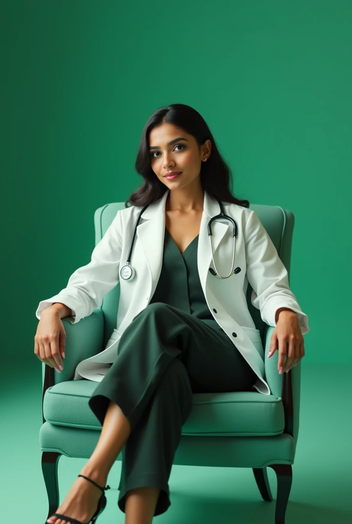 Sexy indian lady doctor sit in chair with clear green background 