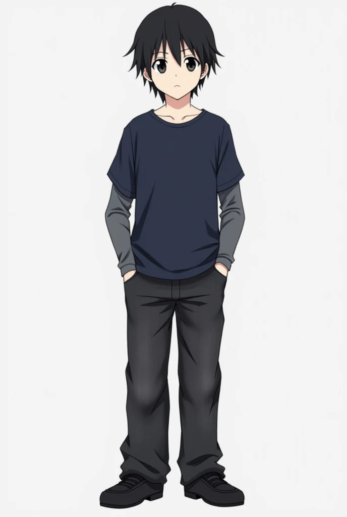  The person in the image is wearing a dark blue short sleeve t-shirt over a long sleeve t-shirt in color or dark gray.   A dark gray black denim pants and black shoes Claro ,  Kirito has a distinctive appearance in Sword Art Online .  your hair is black , ...