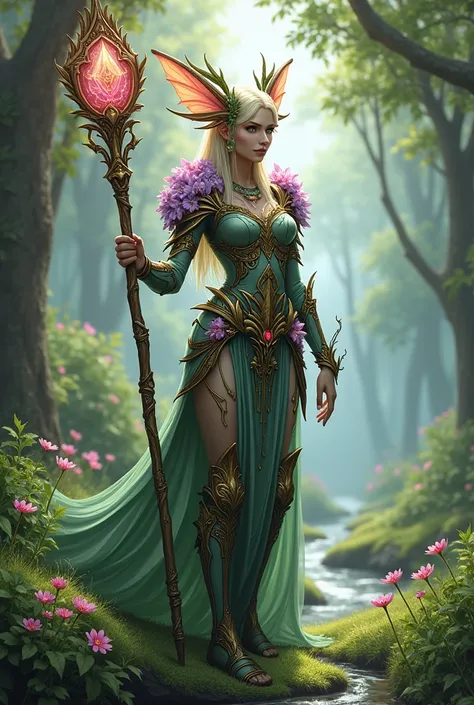 Dnd spring eladrin, druid, staff, wearing armour with flowers all over it. No horns