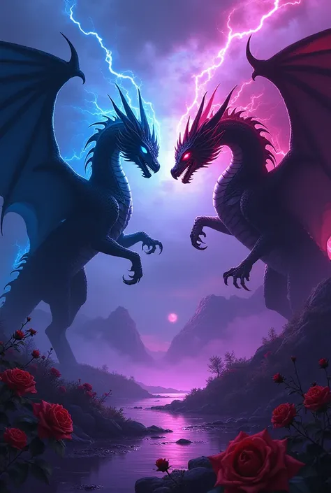  Create an image for a book cover of fantasy and mystery with two black dragons that fight each other like a dance the eyes of the dragons must be blue and red ,  the clash of the dragons must cause a violet wave and that shine in a neon tone these must fi...