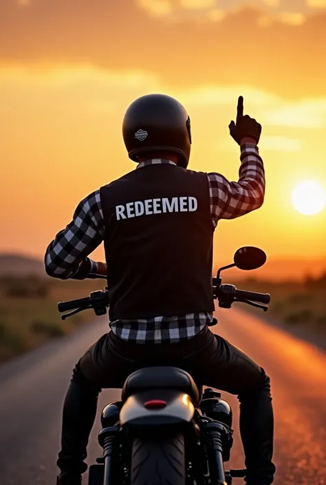  Motorcyclist with full black helmet ,  black and white checkered shirt ,  black vest that says REDEEMED , black leather pants , black boots up and in profile on a Harley Davidson Iron 883 motorcycle,  motorcycle with one hand pointing to the sky and the o...