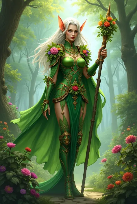 Dnd spring eladrin, druid, staff, wearing armour with flowers all over it. Leafy cloak 