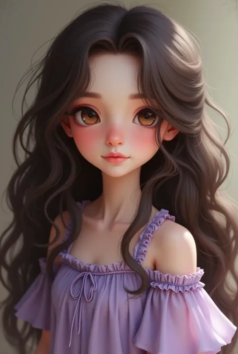 Symphony is a very fair young lady she has long dark brown wavy hair her face has a certain innocence she looks shy and has light brown eyes and a small nose blushing pink her eyes are shiny she has long hair and is wearing a pastel purple short frock she ...