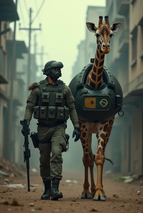 "A soldier in tactical gear walking confidently toward the camera with a giant armored giraffe, the armor of the giraffe adorned with a small logo of the Brazilian flag. Dramatic cinematic perspective, urban battlefield background, intense atmosphere, high...