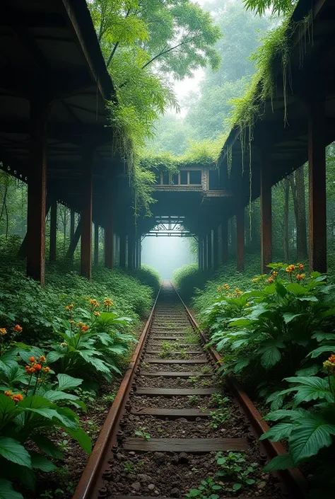 A forgotten train station overtaken by a dense jungle, trees growing through the roof, flowers blooming on rusted track, vibrant, decayed, magical, tranquil, intricate, inspired by Steve McCurry, surreal storytelling, at a misty jungle, early morning, shot...