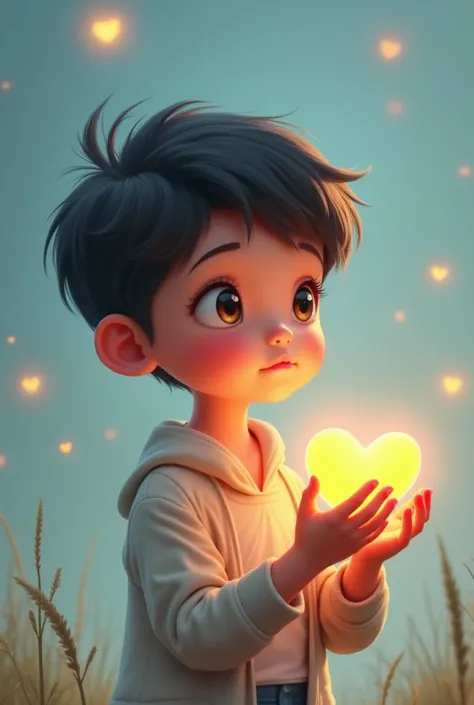 A boy holding a love emoji and looking to the right