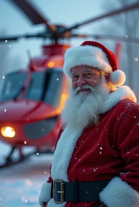 Santa Claus in the background of a h215 helicopter
