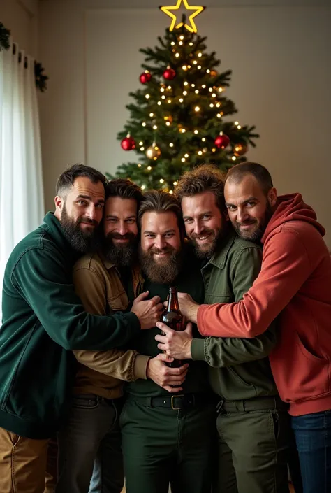 create a photo of 5 people: the first is a fat Jew, the second is a thin Jew, the third is a thin guy with long hair in a factory uniform, the fourth is a guy in a forest uniform, the fifth is a guy with a bottle of vodka in his hands. All of them are hugg...