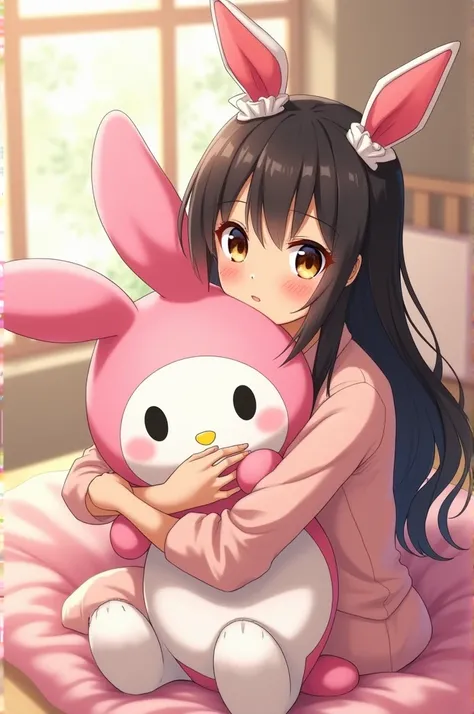 Anime cute loli bunny ear 22 year old girl height 54 black long hair brown eyes. Hugging my melody big plushie while feeling so happy