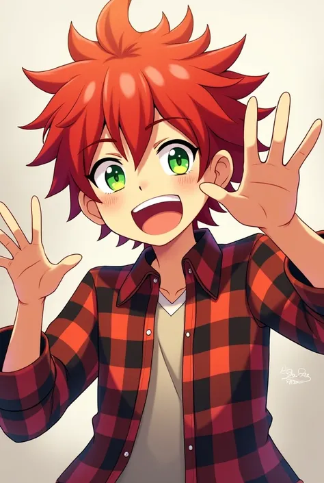  Male boy from Danganronpa with lemon-tone green eyes, Lumberjack shirt , waving and smiling with messy blood-red hair 