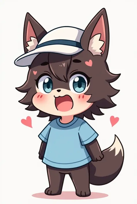 masterpiece, anime style, chibi, illustrated wolf, short medium shot, emote for boys twich, dark brown hair, black harlot, light blue quadrille shirt, white hat