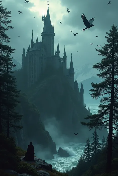 dark fantasy, gothic castle with many towers among the trees  by the sea, mountains on the vacgrounds, many ravens flying around