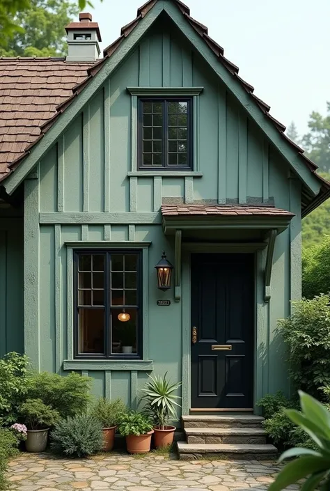 A greyish green house with frames and black doors