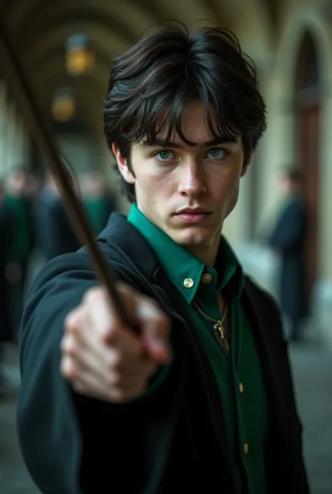 Young blackhaired man from around 19 years old focused from the front in a Slytherin uniform holding a wand the photo focuses him up close realistic image and in the background is a Hogwarts corridor 