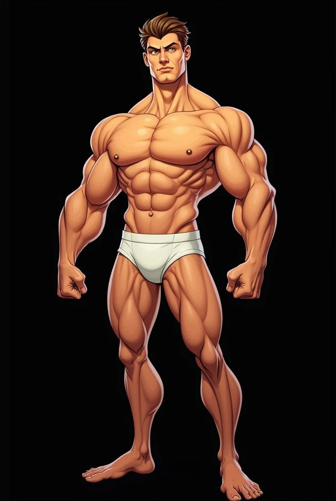 strong man, light skin, big cock, golden eyes, brown hair, dressed white underpants, muscular pose, black background, portrait, comic 2d animation style