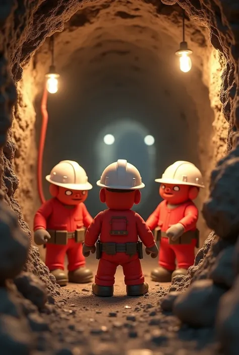 In the previous design, place animated characters dressed complete with red work panties and white helmets in a 3D mining tunnel.