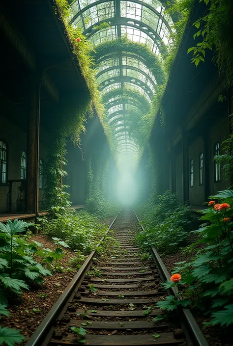 A cinematic view forgotten train station overtaken by a dense jungle, trees growing through the roof, flowers blooming on rusted track, vibrant, decayed, magical, tranquil, intricate, art style inspired by Stefan Sagmeister, surreal storytelling, at a mist...