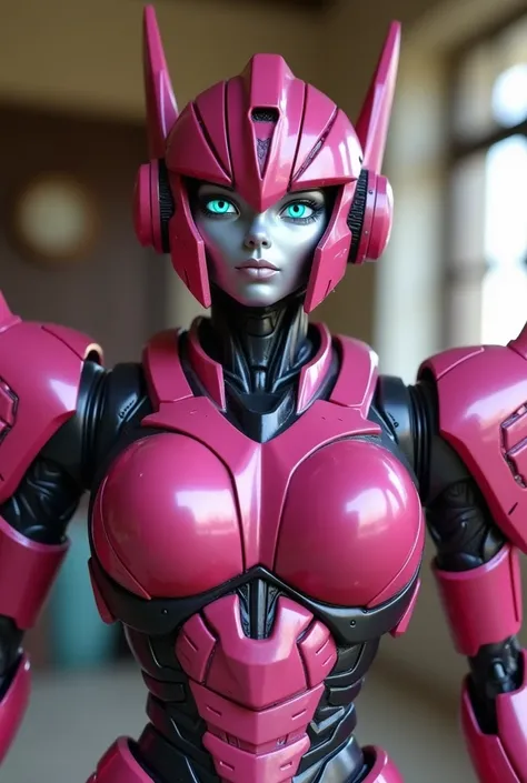  Arcee the autobot from transformers in the family room. Looking at and standing up super close to the camera like a selfie 
Arcee robot face
Dark pink metallic autobot 
Small cute smile
Massive  robot breasts
Beautiful eyes