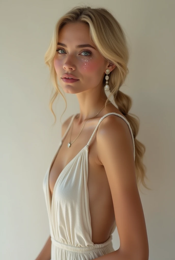 Real photo Blonde perfect slim fit body romper В профиль, Gives, side braid, earrings, Blush on the face, Tears of joy, jewelry ,  Character design, 