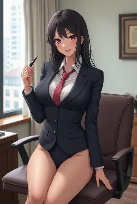 Enoshima Junko in an office sexy suit spreads her legs and jerks off with a pen; 18+