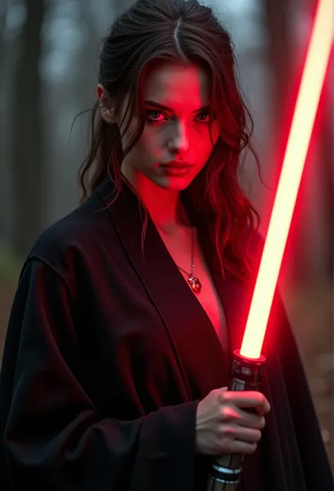 ultra wide angle, in focus, dark epic background, gorgeous lifelike, dynamic pose, a young lady, (highly detailed face and eyes:1.3), arrogant expression, holding red lightsaber in his hand, medium shot, hyper details, lighting art, cinematic, insane detai...