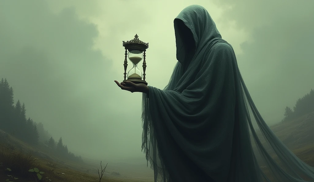 " Mystical figure holding an hourglass, with the last grain of sand falling ."