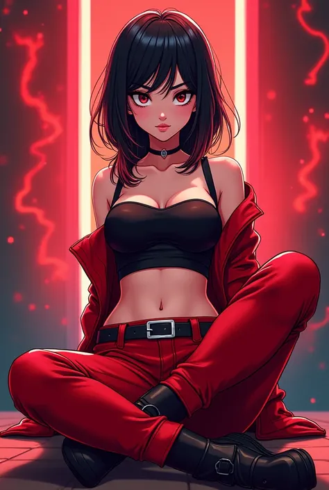  Freefire Cartoon style female character with black hair,  a short red and black blouse , red and black pants ,  sitting on the floor , with red and black background 