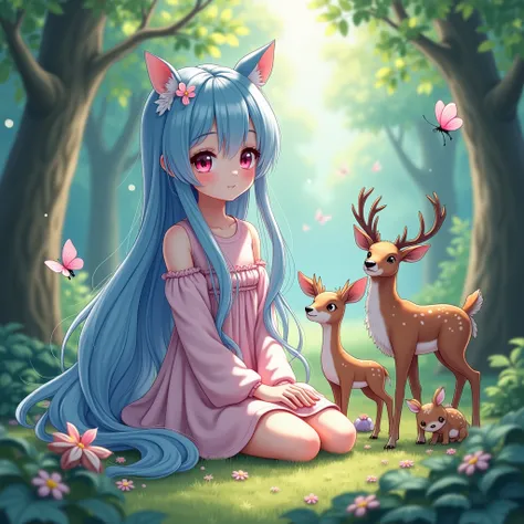  anime girl, with long soft blue hair ,  with beautiful soft pink eyes is sitting in the forest next to her animals "Deer, birds, Butterflies"  and next to her in large print, the 3D inscription  "pipikin"