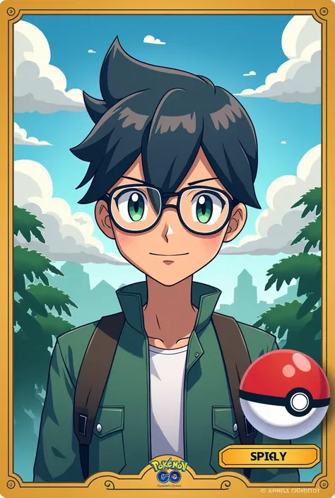 Create a cover for pokemon go cards album, with man; 178 cm height, 60 kg weight, glasses, green eyes, black hair, with middle part hairstyle, created in pokemon go style, in the center