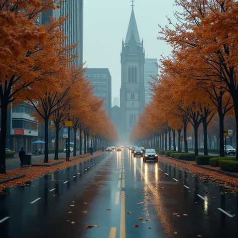 The image is a photo of a German Catholic city street in a modern German Catholic city during the rainy season. The street is surrounded on both sides by German fachwerk buildings and the German Catholic Church., street, Seems, covered with raindrops ,  cr...