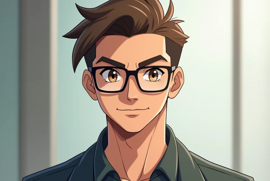 Create a man short brown hair glasses brown eyes 175 cm height 67 kg weight and seeable jawline created in pokemon go style