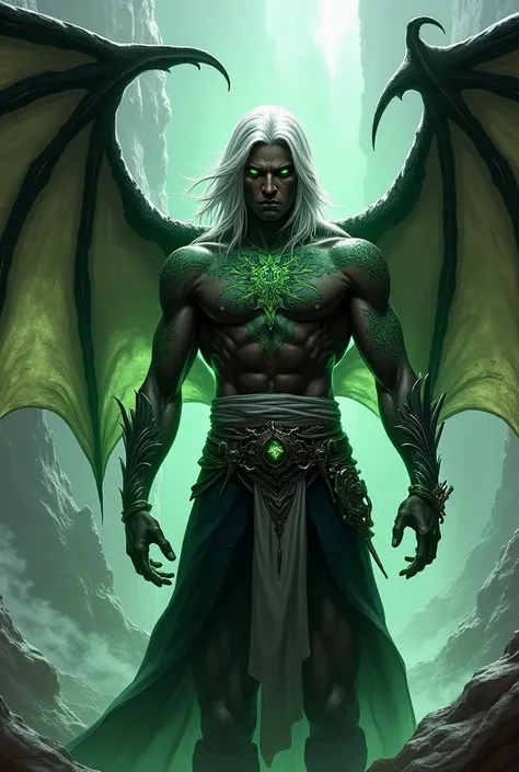 Create a Feerico style character  ,black skin,man ,Strong warrior ,Very beautiful,  green eyes ,Shoulder-length silver hair , serious face ,Most gigantic bat-type wings  