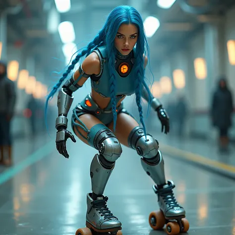 Create a cyborg woman with metallic roller skates with wheels aligned to the base measuring 110 millimeters, with led and breathing fire. She has red eyes and long blue hair with two braids that reach close to her feet.