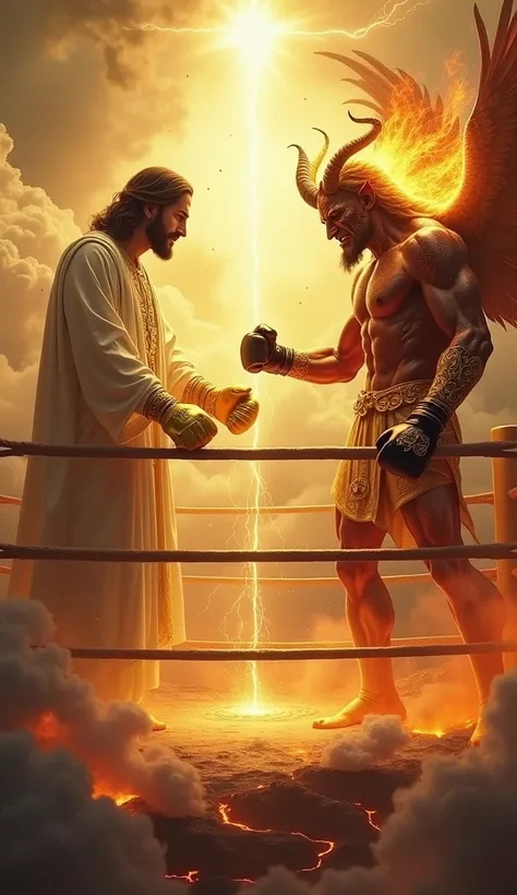 A surreal boxing match set in the heavens, with a glowing boxing ring suspended in the clouds. Jesus stands on the left, adorned in radiant golden armor with intricate celestial engravings, paired with glowing gold boxing gloves. His expression is serene a...