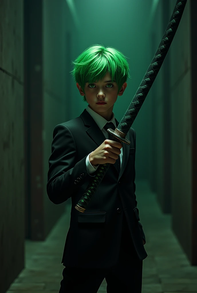 1 boy, in a black suit with green hair and Green eyes. Holding a black and green katana