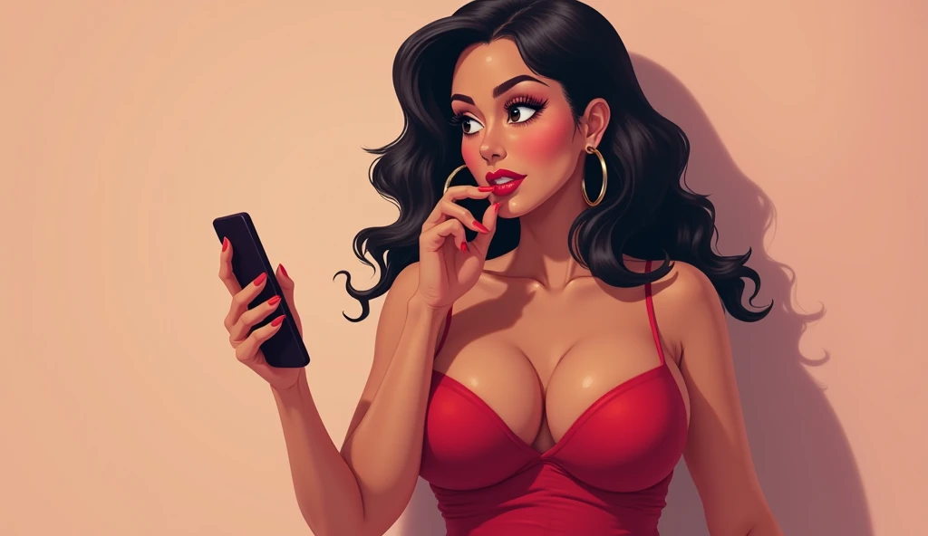 full shot of beautiful curvy woman with curves, big breasts, dressed in tight dress, beautiful face, gesture of sexual desire, biting her lower lip, looking at the phone, ultra realistic illustration style, professional lighting, flat light background