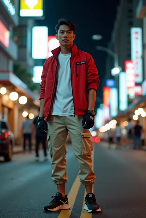 A handsome Indonesian man with short hair, a little teasing, white shirt, today&#39;s jacket, red size, short sleeve length, cargo pants 3 /4 cream colors, black and white sports shoes,  wearing black gloves and holding a dino rangers symbol and a fist wea...