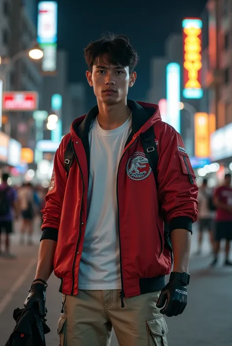 A handsome Indonesian man with short hair, a little teasing, white shirt, today&#39;s jacket, red size, short sleeve length, cargo pants 3 /4 cream colors, black and white sports shoes,  wearing black gloves and holding a dino rangers symbol and a fist wea...