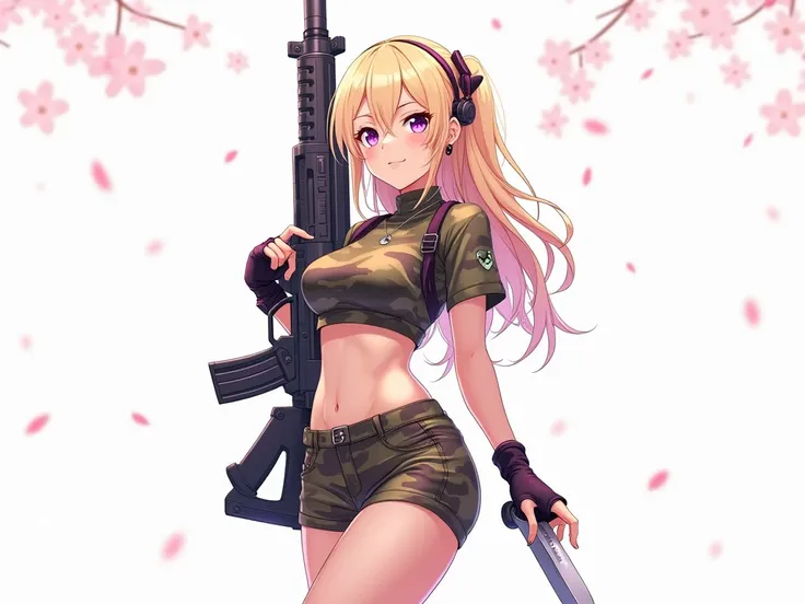 Create a sexy, busty and hot female anime character around the age of 21 with blond wine colored hair wearing a woodland camo crop top with a woodland camo short with shoes that look extra sporty with a high tech futuristic dagger in one of her hand with a...