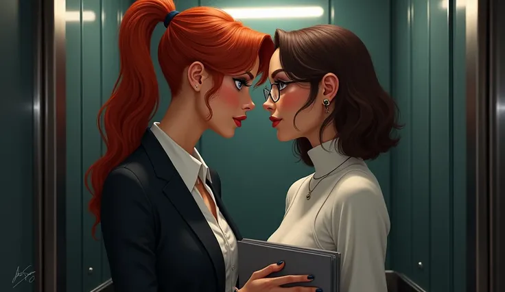 two lesbian girls , Stuck in an elevator. Lena, 36 years, high,  broad shoulders ,  redhead with a ponytail ,  blue eyes , strict grace , formal suit. Natasha, 25 years, in glasses,  little, a cut below Lena, clean brown-haired woman , Shoulder-length wavy...