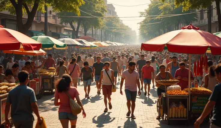 A bustling and chaotic plaza filled with a dense crowd of people moving in all directions, creating an almost overwhelming sense of activity. Street vendors shout their offers from colorful carts selling roasted corn, fresh fruits, and vibrant plastic toys...