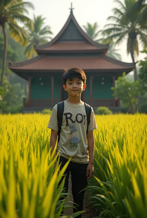 Art teenager stand in the middle of rice and the baground is tradisional jakarta house