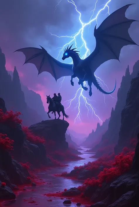  Develop a war in a landscape of shadows and death with rivers of blood and roses with thorns in violet blue and red with two black dragons flying over everything with bright blue and red eyes on an electrical storm with violet waves, And his riders  (both...