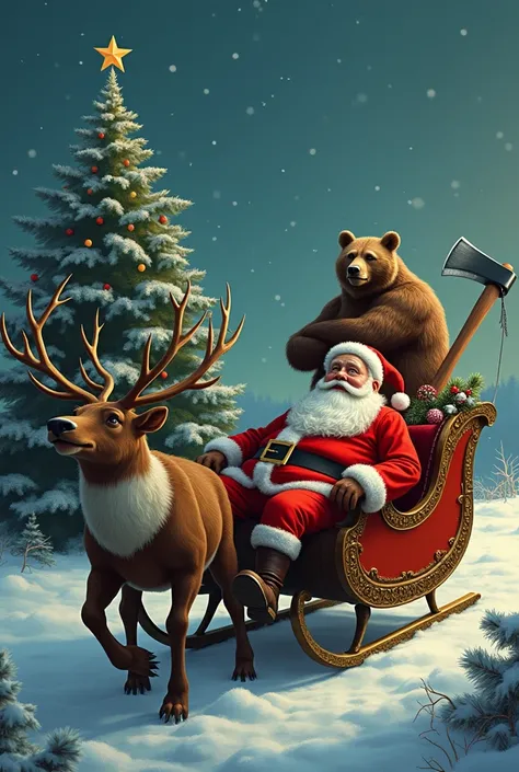 Sleigh with reindeer. Santa Claus is lying face down in a sleigh with a huge ax sticking out of his back .  In the background, a Christmas tree and a bear is standing on his hind legs with arms crossed over his chest аnd old man in Christmas outfit with a ...