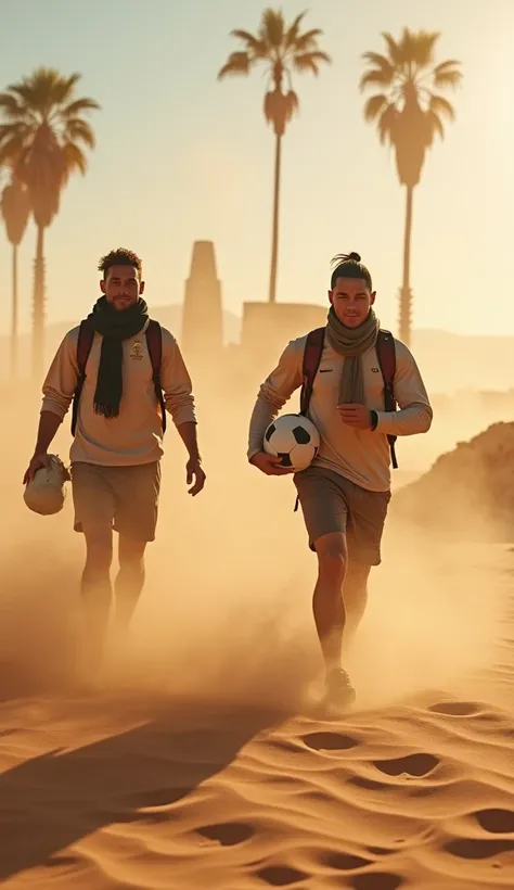  Neymar and Cristiano Ronaldo fighting an intense desert sandstorm .  Both are using scarves to protect their faces and holding firmly their backpacks . The atmosphere is chaotic, with grains of sand flying in all directions , obscuring the view .  despite...