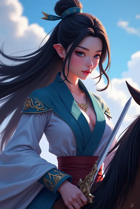 a close up of a person on a horse with a sword, a portrait inspired by Huang Shen, trending on cg society, fantasy art, mobile legends, heise jinyao, league of legends character, sylas, maya ali as a lightning mage, style league of legends, wild rift, xian...