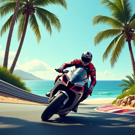 man riding a motorcycle on a track next to the sea and palm trees